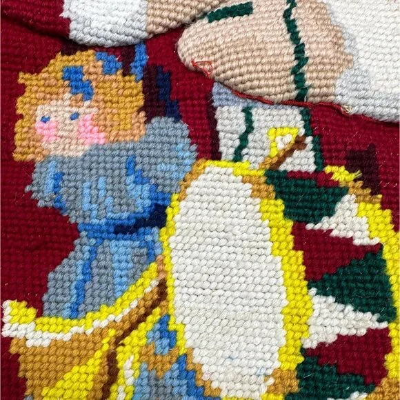Vintage Christmas Needlepoint Stocking Santa Claus Toys Red Hanging Loop Figural - Picture 5 of 8